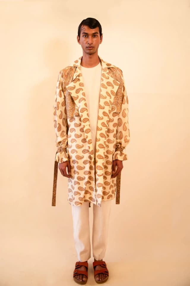 VEDYA III | Beige paisley silk trench coat 