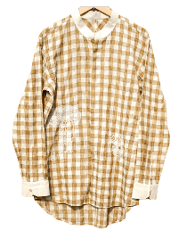 Earthy gingham shirt with delicate hand-embroidered mushrooms adding a whimsical touch.\n